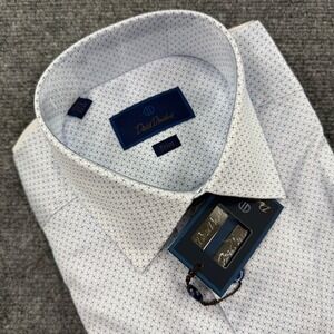 David Donahue Dress Shirt 15.5 32/33 White Blue Trim Fit New Mens